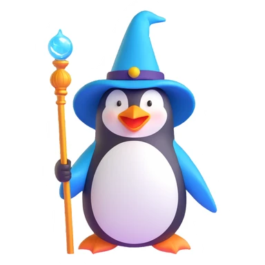 crazy wizard penguin, silly face, wizard hat, glowing staff sticker