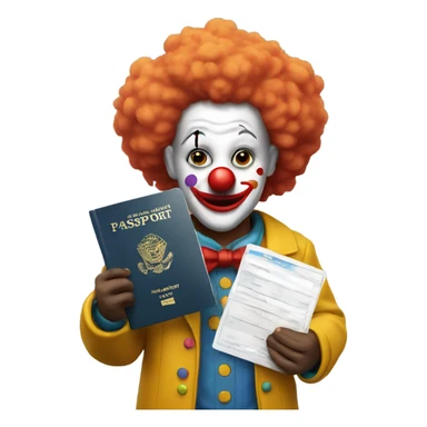 Clown holds a passport sticker