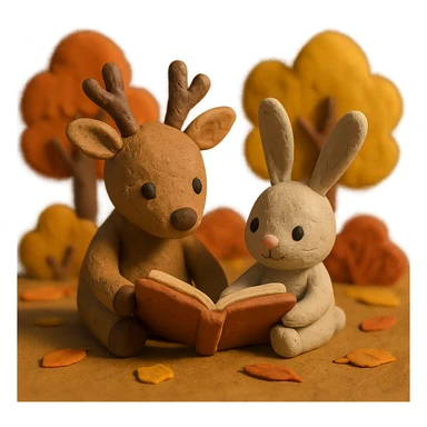cute deer and bunny reading together in a soft autumn forest scene, claymation style sticker