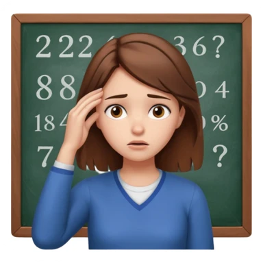 female student, looking puzzled, holding her head with one hand, thinking hard about a difficult math problem, expressive face sticker