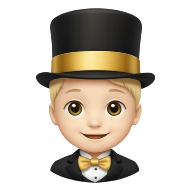 a baby face in a black top hat with a gold stripe sticker