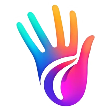 A futuristic abstract logo with curved dynamic lines resembling a subtle hand motion, glowing neon gradients, minimal and modern sticker