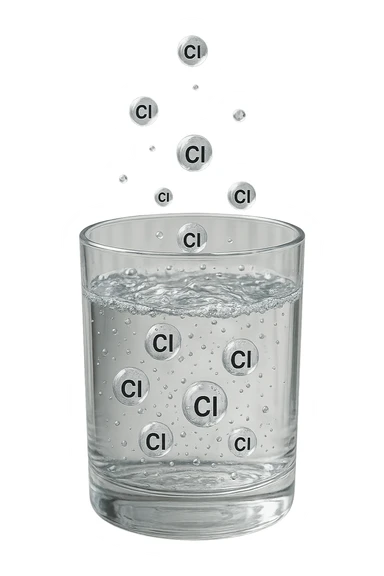 un bicchiere di acqua fluttua in aria realistico e dettagliato, dentro l'acqua del bicchiere ci sono particelle di cloro ben visibili con la scritta "Cl" sopra, ci sono particelle anche che escono dal bicchiere e fluttuan
o in aria verticalmente, mentre alcune sono all'interno dell'acqua nel bicchiere, iperrealistico 4k sticker