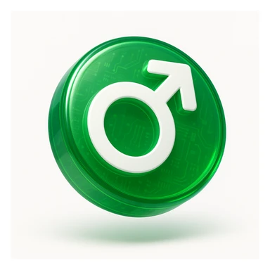 Create a white 3D circle with a bold male symbol (♂) centered in the middle. Use the same glossy, rounded, and vibrant style as the provided green checkmark icon. The background should be white, and the male symbol should be prominent and centered. sticker