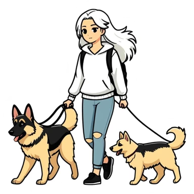 girl with long white hair walking a German Shepherd sticker