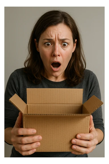 realistic shocked person opening a package, focus on facial expression and package, neutral background, detailed facial features, surprise expression sticker