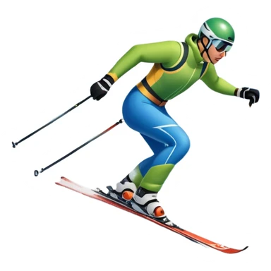 An icon featuring snowy peaks, pine trees, and a picturesque mountain landscape with a skier racing down a snow-covered slope, The sky is blue with soft clouds, capturing the thrill and beauty of alpine skiing. Transparent background highlights the excitement and serenity of winter sports. sticker