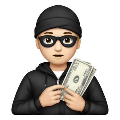 Make a robber emoji holding a bank cash with black white pattern  sticker