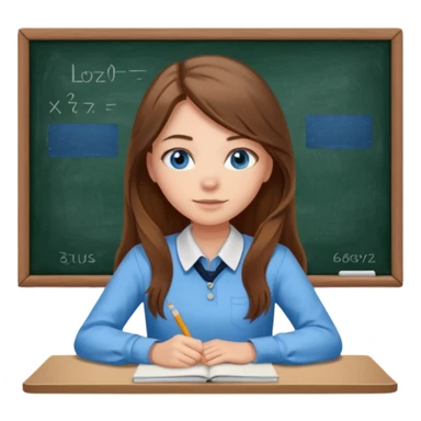 high school class room with a pretty female high school student with long brown hair, blue eyes sitting in front of the blackboard sticker