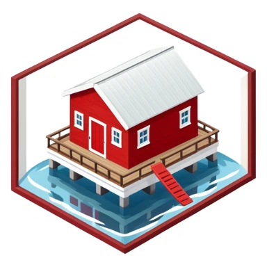 Red and white boathouse, isometric exterior sticker