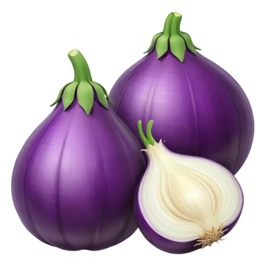 Eggplant beside onion and garlic sticker
