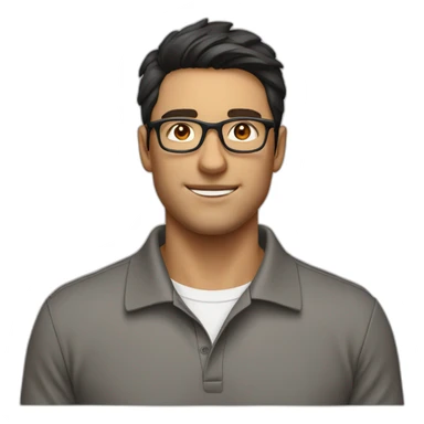 guy with dark hair, a white polo and glasses sticker