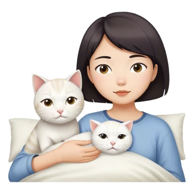 Short hair Asian girl wake up with white cat  sticker