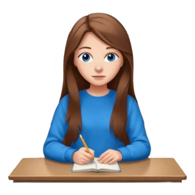 high school class room with a pretty female high school student with long brown hair, blue eyes sticker