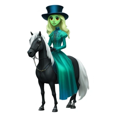 "galora green blonde alien woman" in blue Victorian dress elegant, full body, on black horse sticker