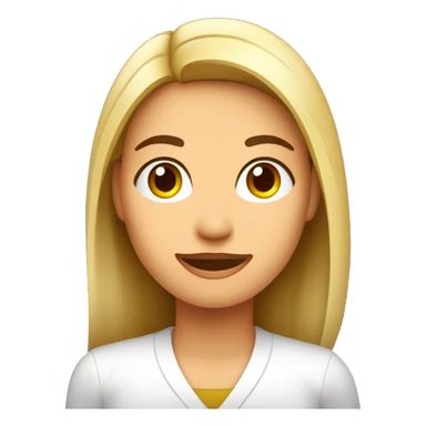 Mujer blanca, farmaceutica, sin lentes, pelo lacio brunete, gabacha con logo de girasol sticker