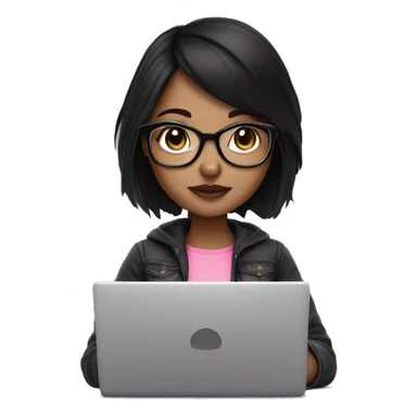 fair skin girl with black hair and eyeglasses using pink laptop cute sticker