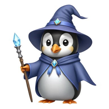 penguin wearing wizard hat and robe holding magic wand sticker