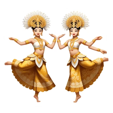 ​Cinematic Realistic Traditional Javanese Dancers, depicted as two graceful dancers in ornate traditional costumes with intricate batik patterns and elaborate headpieces, captured in dynamic poses during a ritual dance in an ancient temple courtyard, rendered with soft golden lighting and rich cultural textures, sticker