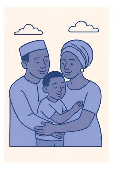 African parents, traditional attire, warm family moment, flat illustration sticker