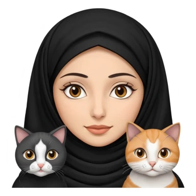 A Arabic woman human with brown eyes and black hijab. and three cats, two cats black and white and one grey cat  sticker