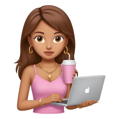 a pretty fair indian bratz girl with brown hair. with a pink cami top, drinking takeaway brown coffee, golden dainty necklace and carrying a white laptop sticker