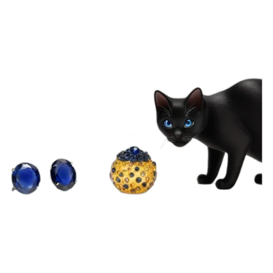 a miniature with black cat and sapphires, luxury product photography sticker