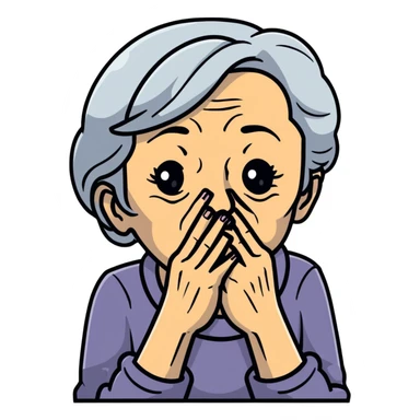 old woman with semi blond hair with hand that close mouth sticker