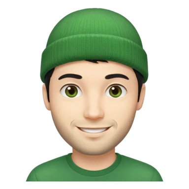 French man, 30, short black hair, green beanie, stubble, smiling sticker
