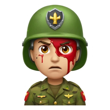 scowling soldier emoji with red skin tone, blood splatter on left cheek, wearing green helmet and military uniform, facing slightly left, 2d apple emoji style sticker