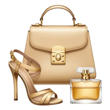 A photorealistic icon featuring stylish fashion accessories like high heels, a designer handbag, sunglasses, and a perfume bottle, arranged elegantly. Soft, luxurious colors with detailed textures and lighting that convey beauty and style. Transparent background, symbolizing fashion and beauty. sticker