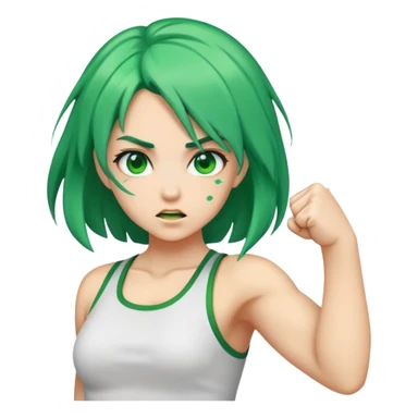 A girl with green hair punching sticker