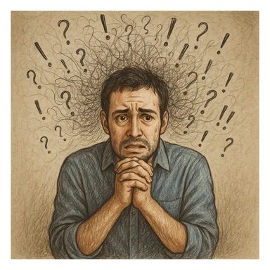 Realistic or illustrative style image of a 30-year-old man suffering from anxiety, inspired by the reference image. The man nervously clasps his hands with an anxious expression. The background shows graphic signs of disordered thoughts, conveying an atmosphere of mental tension. sticker