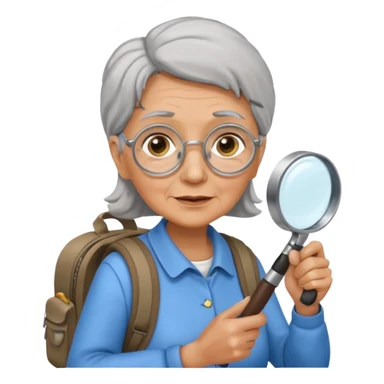 Explorer old woman with magnifying glass and backpack sticker