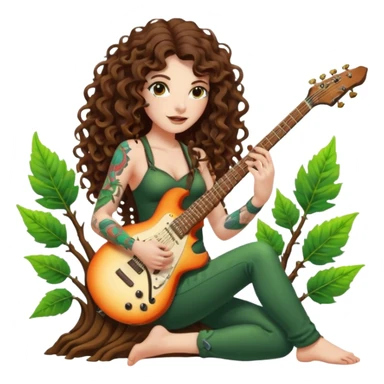 woman with long curly brown hair, brown eyes, white skin, tattoos, playing a root-shaped electric guitar that grows leaves from the strings, psychedelic glow, forest stage aura sticker