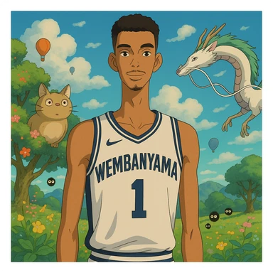 Victor Wembanyama wearing a basketball jersey, surrounded by fantastical elements, Ghibli style sticker
