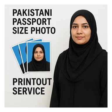 realistic thumbnail for a Pakistani passport size photo print out service, featuring an adult Pakistani woman in modest attire standing next to a fan-shaped collage of her passport size photos with blue backgrounds, on a clean white background sticker