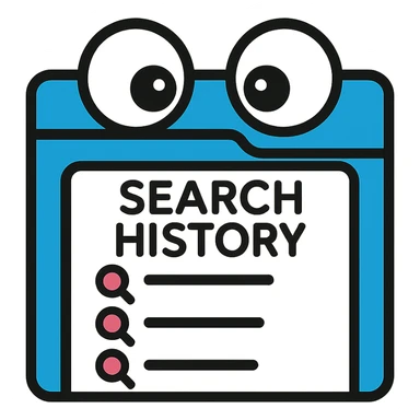 funny icon of a browser window with shocked eyes peeking over a search history list sticker