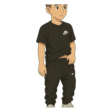 ghibli style chico de pelo moreno, corte taper fade, flequillo a las cejas, camiseta Nike negra, pantalones Nike negros bajados, zapatillas Dior blancas sticker