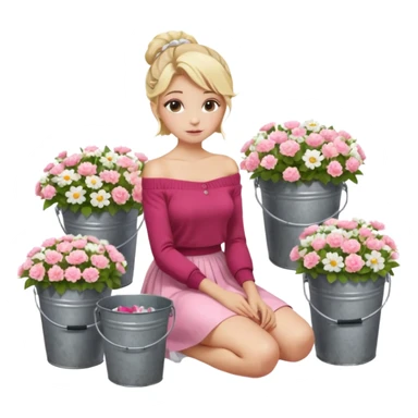 a blond girl  sitting  near various bouquets of flowers in metal buckets a white and pink flowers , Her hairstyle is slightly messy updo. She wears a red off-shoulder cardigan and a white long skirt. Her leg is extended forward toward the camera, appearing long and graceful. sticker