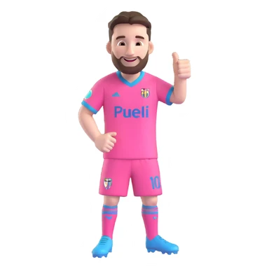 Messi in Miami soccer uniform, giving a thumbs up, smiling, pink jersey sticker
