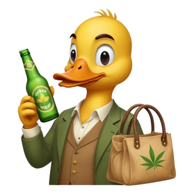 Drunk and high duck animal holding beed bottle and a bag of weed sticker