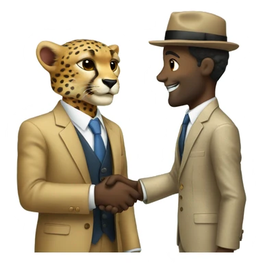 A cheetah in a classic suit shakes hands with a man  sticker