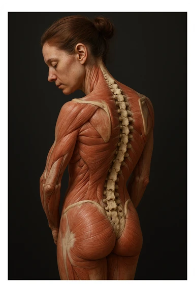 CORPO UMANO ANATOMICO di una donna di profilo con spalle chiuse e postura incurvata, spina dorsale in evidenza, IPERREALISTICO 4K sticker