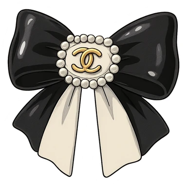elegant bow with pearls and gold Chanel logo, glossy, black and white sticker