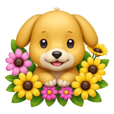 Cute smile face emoji with puppy dog eyes holding its cheeks and a bunch of flowers around it sticker