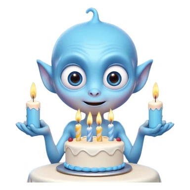 A cute friendly alien holding a birthday cake with candles, big expressive eyes, bright colors, cartoon style, playful atmosphere, 3D animated look, Pixar-inspired, highly detailed
 sticker