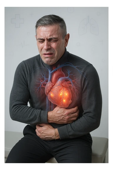 a middle-aged man sits on a bench, clutching his chest with a pained expression. His face is pale and sweaty, and his posture is hunched forward. A transparent overlay reveals his heart and major blood vessels, with highlighted areas indicating blockages or damage. The background is clean and clinical, with subtle medical icons. sticker