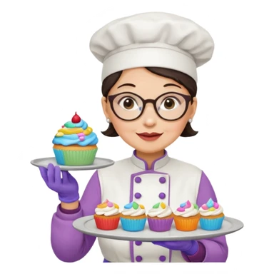 Older female pastry chef – round glasses, oven mitts on, holding a tray of cupcakes

 sticker