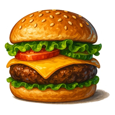 В слега рисованном, но при этом ярком и объемном стиле сгенерируй картинку сочного американского бургера, профессионально выставленный свет, который подчеркивает объем, прозрачный фон sticker